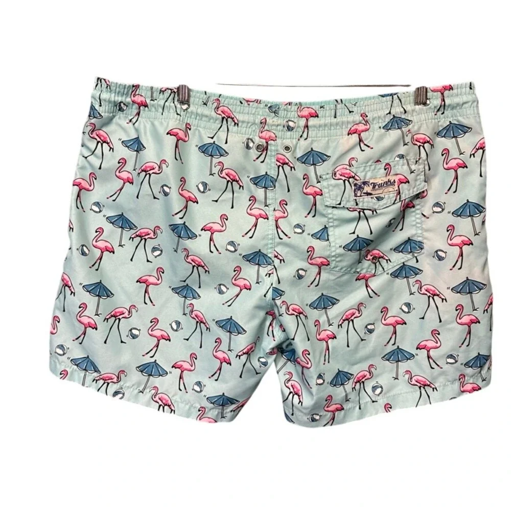 Trunks Surf & Swim Co Mens XL Swim Trunks Aqua Blue Pink Flamingo Beach Print